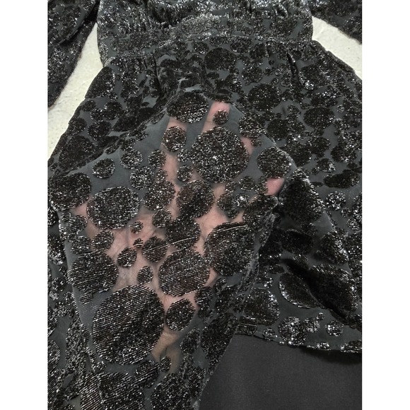 Jayna Vtg  Black Metallic Deep V Neck Party Dress Brocade Bishop Sleeve Size S - Picture 9 of 13